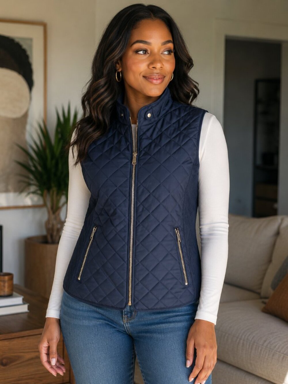 DB Established 1962 Women's Quilted Navy Sleeveless Vest with Gold Zippers